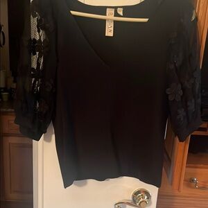 Anthropologie Black Blouse with Sheer Floral Sleeves